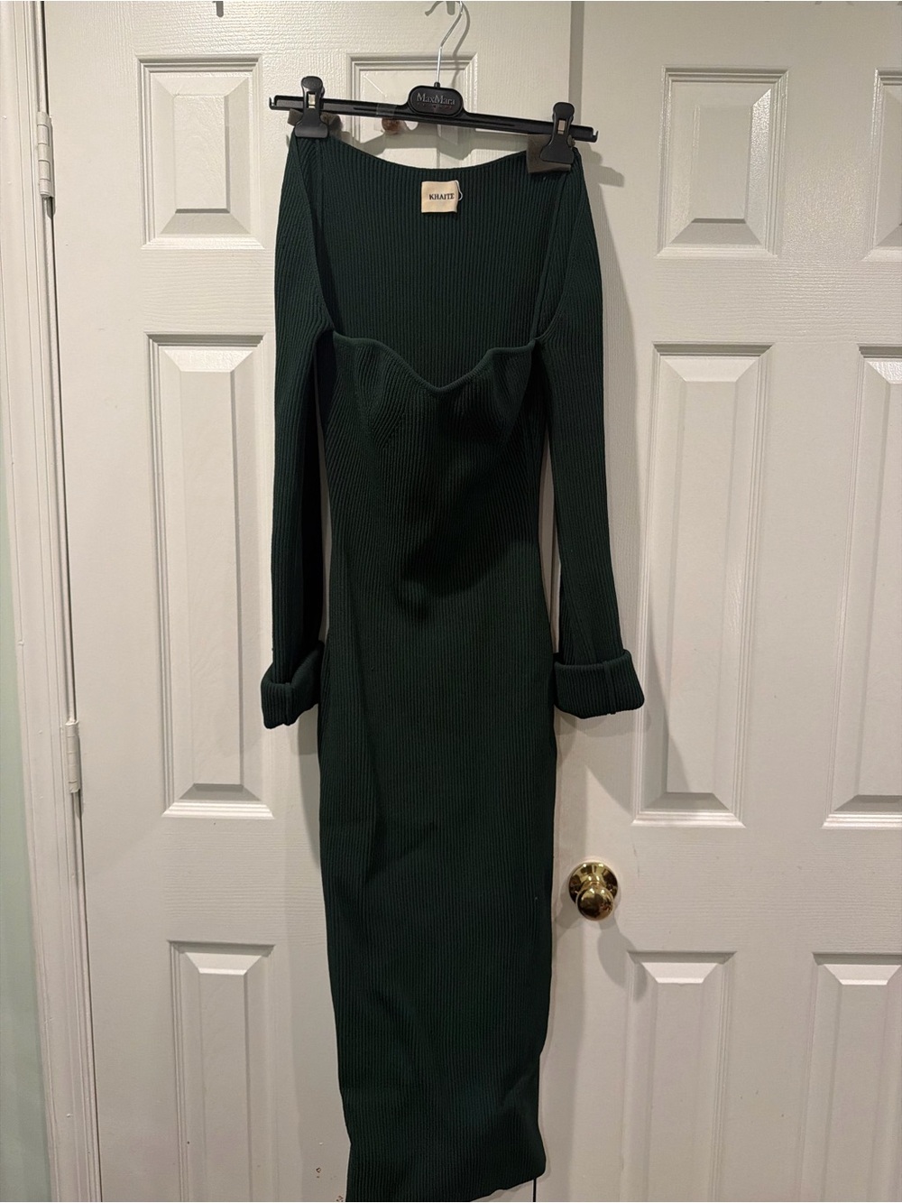 KHAITE Dark Green Ribbed Sweetheart Long-Sleeve Midi Dress